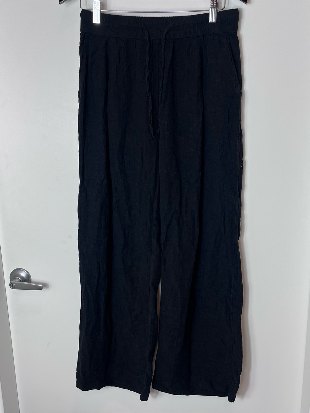 Gap Body Linen Cotton Crinkle Wide Leg Pull On Pants Medium Black Drawstring